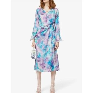 NEW Art Dealer Deborah Printed Silk Midi Wrap Dress In Blue Purple